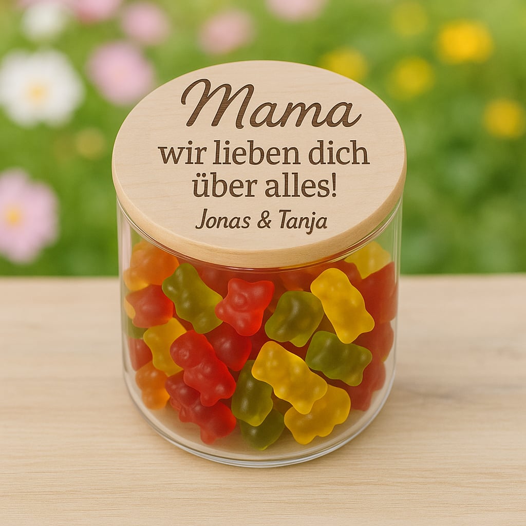 Vorratsglas mit graviertem Holzdeckel und personalisierter Danke-Botschaft, gefuellt mit bunten Gummibaerchen.
