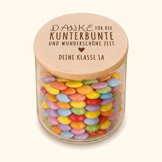 Personalisiertes Vorratsglas mit Holzdeckel-Gravur „Danke für die kunterbunte und wunderschöne Zeit“ für Erzieherin