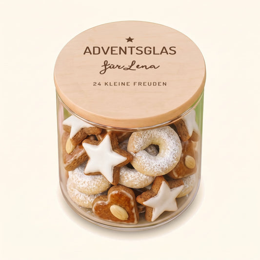 Personalisiertes Vorratsglas als Adventsglas mit Plätzchen, Deckelgravur „Adventsglas für Lena, 24 kleine Freuden“
