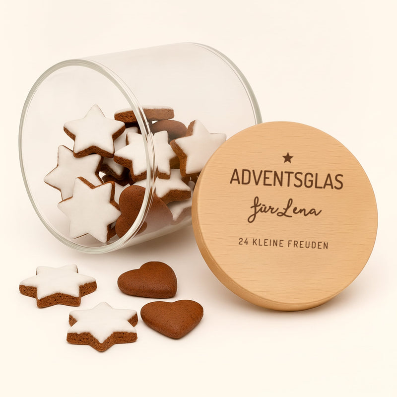 Personalisiertes Vorratsglas als Adventsglas mit Plätzchen, Deckelgravur „Adventsglas für Lena, 24 kleine Freuden“, Deckel im Detail