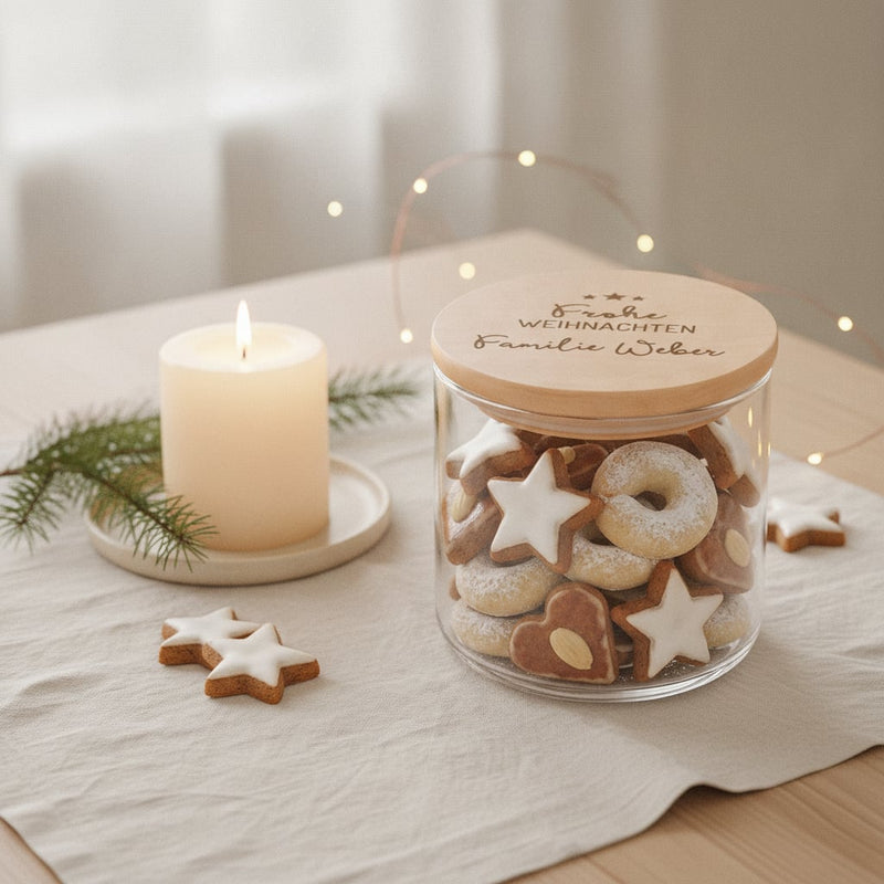 Personalisiertes Vorratsglas zu Weihnachten mit Plätzchen, Deckelgravur „Frohe Weihnachten Familie Weber“, auf Leinen mit Kerze und Tannenzweig