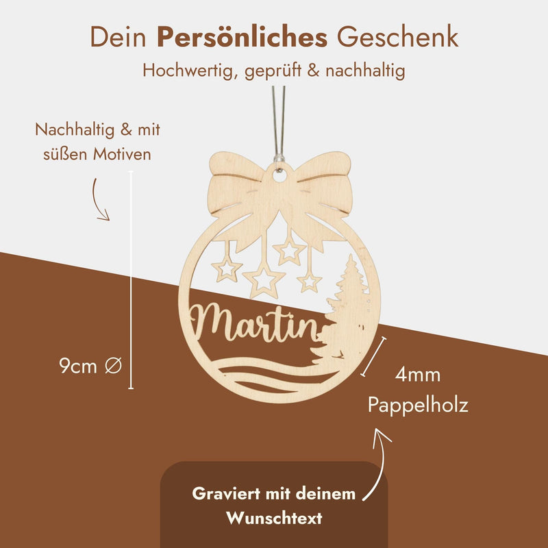 Weihnachtsanhänger aus Holz mit Maßangabe: 9 cm Durchmesser, 4 mm Pappelholz.