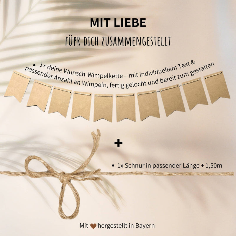 Personalisierbare Wimpelkette aus Kraftpapier mit Juteschnur, individuell beschriftbar fuer Geburtstag, Hochzeit oder Feier.