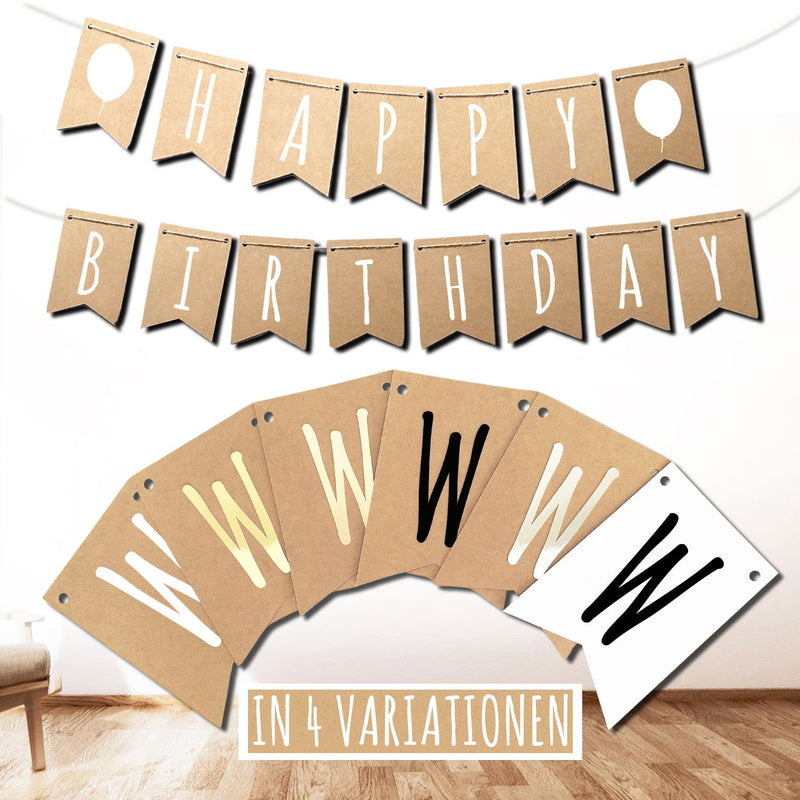 Kraftpapier-Wimpelkette Happy Birthday in vier Variationen mit schwarzen und goldenen Buchstaben.