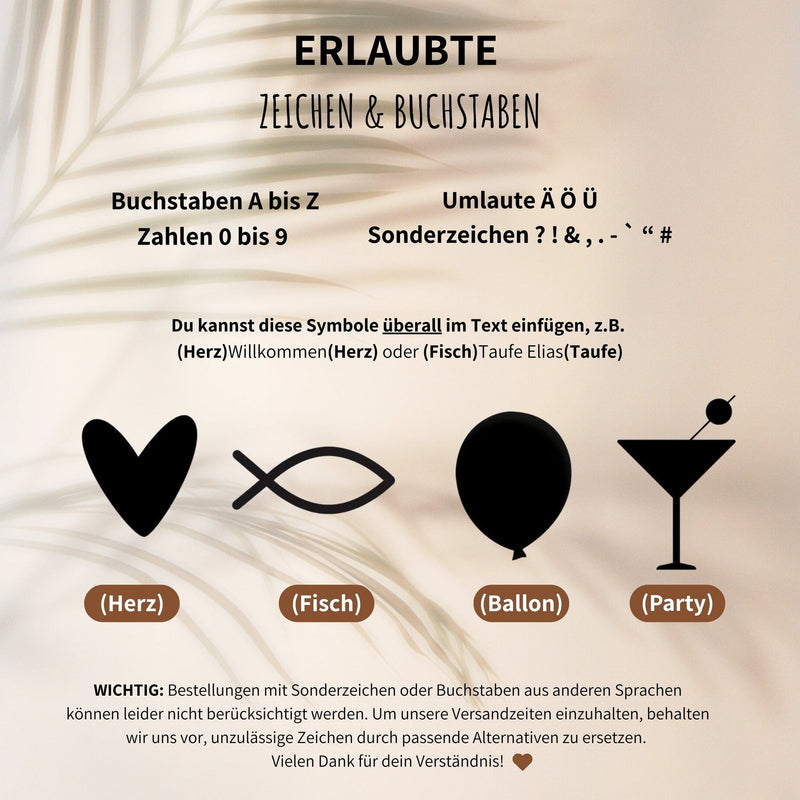 Personalisierbare Wimpelkette mit erlaubten Zeichen und Symbolen wie Herz, Fisch, Ballon und Party-Cocktailglas.