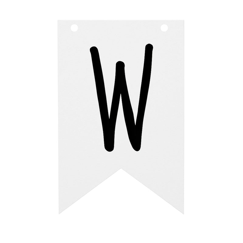 Weisser Wimpel mit schwarzem Buchstaben W aus dem personalisierbaren Wimpelketten-Set mit 72 Einzelwimpeln.