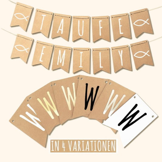 Personalisierte Wimpelkette aus Kraftpapier mit Name und Fisch-Symbol fuer die Taufe, in vier Variationen erhältlich. — vor cremefarbenem Hintergrund.