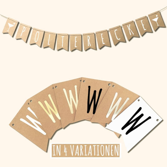Personalisierte Wimpelkette aus Kraftpapier mit Buchstaben-Wimpeln in vier Farbvariationen fuer die Polterecke. — vor cremefarbenem Hintergrund.