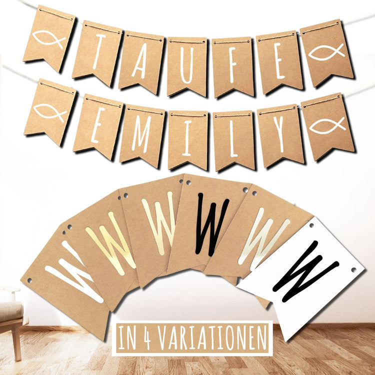 Personalisierte Wimpelkette aus Kraftpapier mit Name und Fisch-Symbol fuer die Taufe, in vier Variationen erhältlich.