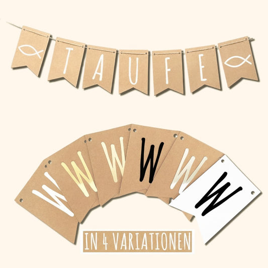 Personalisierte Wimpelkette aus Kraftpapier mit Buchstaben zur Taufe, erhaeltlich in vier Variationen. — vor cremefarbenem Hintergrund.