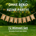 Kraftpapier-Wimpelkette mit 72 bedruckten Buchstaben-Wimpeln fuer individuelle Party-Dekoration im Garten.