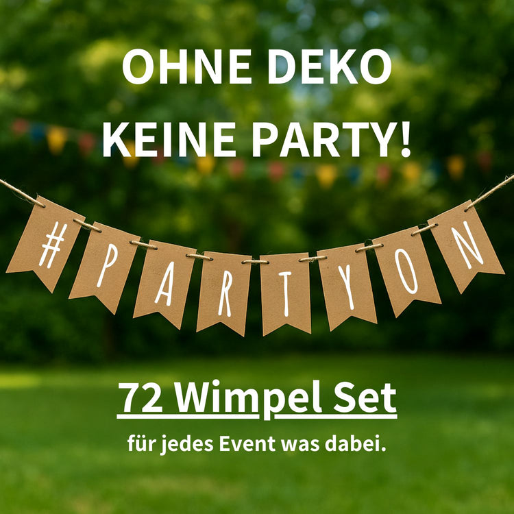 Kraftpapier-Wimpelkette mit 72 bedruckten Buchstaben-Wimpeln fuer individuelle Party-Dekoration im Garten.