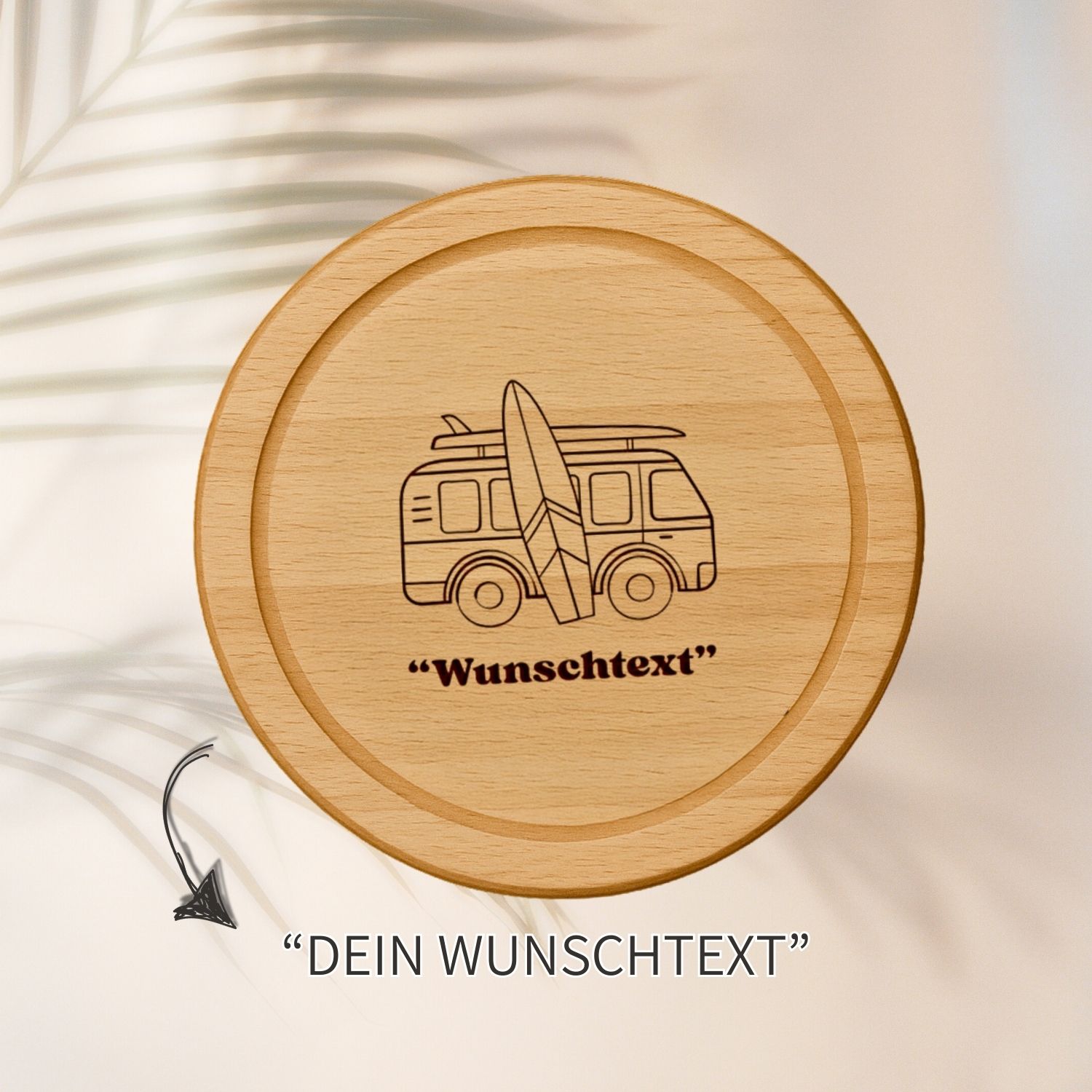 Holzbrett Rund – Campingbus + Wunschtext